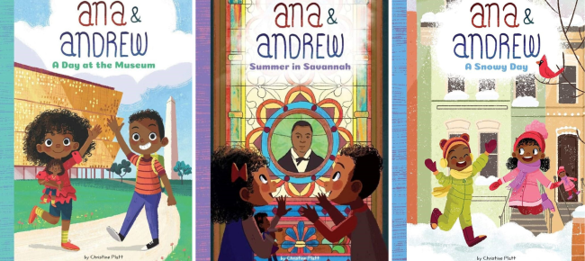3 book covers from the Ana & Andrew Series by Christine Platt. "A Day at the Museum", "Summer in Savannah" and "A Snowy Day"