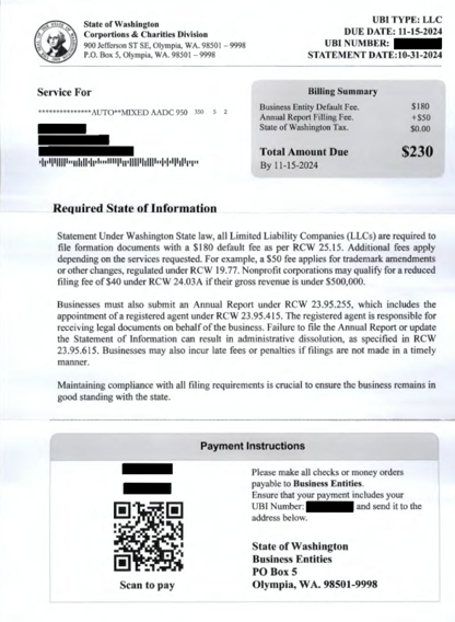 Example of Misleading Solicitation from State of Washington Business Entities