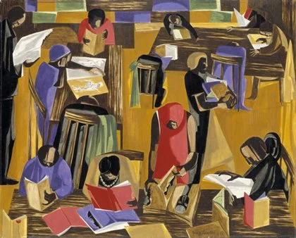 Painting of people in a library