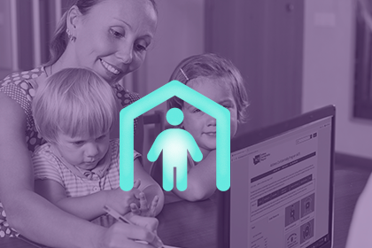 A family signs up for the Address Confidentiality Program. An icon of a house with a person inside is overlaid.