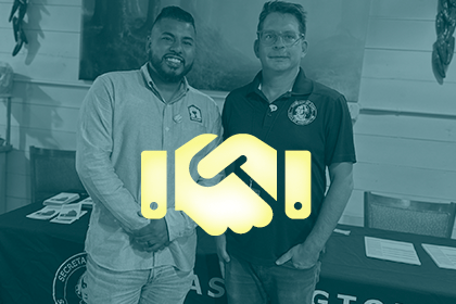 Two people promote civic engagement. An icon of a handshake is overlaid.