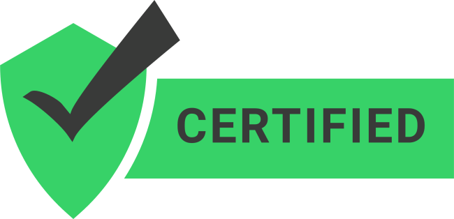 Checkmark with the words certified beside it on a green shield and background