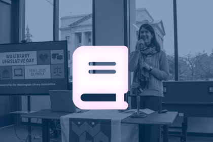 A Library staff member gives a presentation. An icon of a book is overlaid.