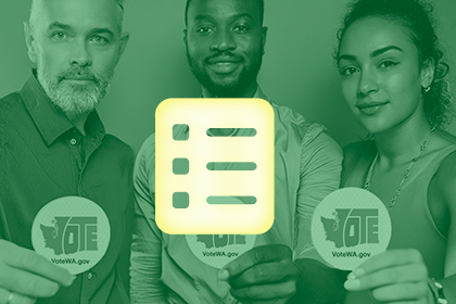 A group of voters hold up stickers that read "Vote." An icon of a ballot is overlaid.