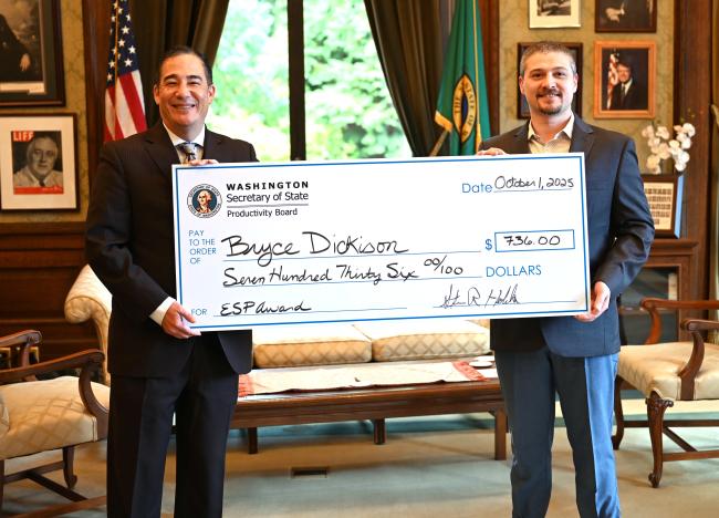 Steve Hobbs and Bryce Dickison with Productivity Board award check