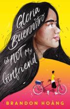 Book cover; a girl with long hair looks off to the side, a boy walks his bike