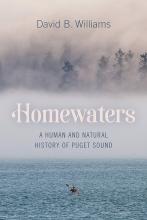 Book cover; a person kayaks in the middle of the sea with mist and tree tops in the background