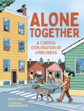 Book cover shows a girl walking her dog in a neighborhood. We see neighbors in windows and a superhero on top of a building.