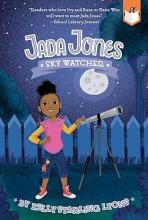 Book cover shows a girl standing outside at night with her telescope. A full moon shines in the background.