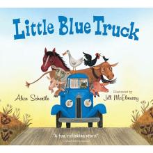 Book cover shows a blue truck riding down the road with several farm animals in the back.