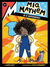 Book cover shows a girl with a cape covered in stars. She holds a mask in her hand and her cat is at her feet.