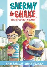 Book cover shows two boys standing back to back. One holds an astronaut's helmet and the other holds a book.