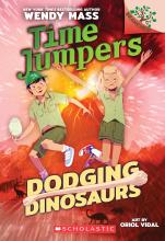 Book cover shows a boy and a girl with a dinosaur egg in front of a volcano. Several dinosaurs can be seen in the background.