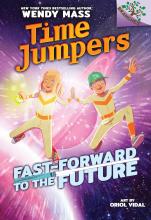 Book cover shows a girl and a boy in space suites in outer space.