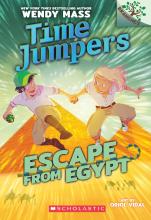 Book cover shows a boy and a girl in front of the pyramids.