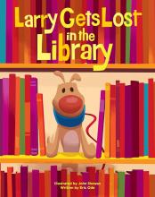 Cover of book shows Larry the dog on a bookshelf between books