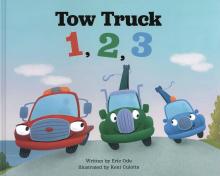Cover of book shows three tow trucks big eyes and smiles driving down the road.